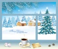 Happy New Year 2022. Greeting card with Christmas tree on a winter snowy landscape with fir trees and houses.